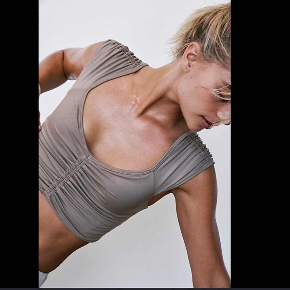 Free People Taupe Ruched Scoop Neck Crop Top